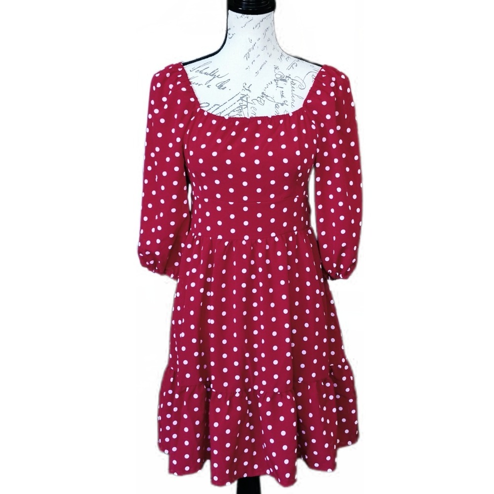 Retro Red White Polka Dot‎ Puff Sleeve Mini Dress L Tie Back Coquette Rockabilly